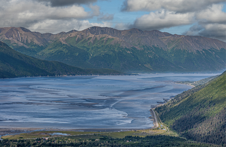 Seward Highway winding beside Turnagain Arm