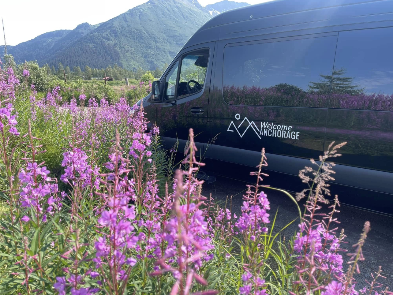 Welcome Anchorage van beside fireweed